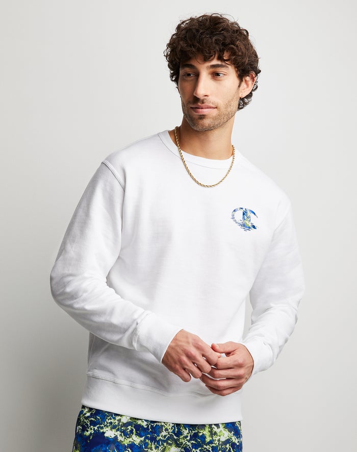 Champion Sweatshirt Heren - Wit - Powerblend Fleece Crew Chasing Waves ( 187309-NIW )